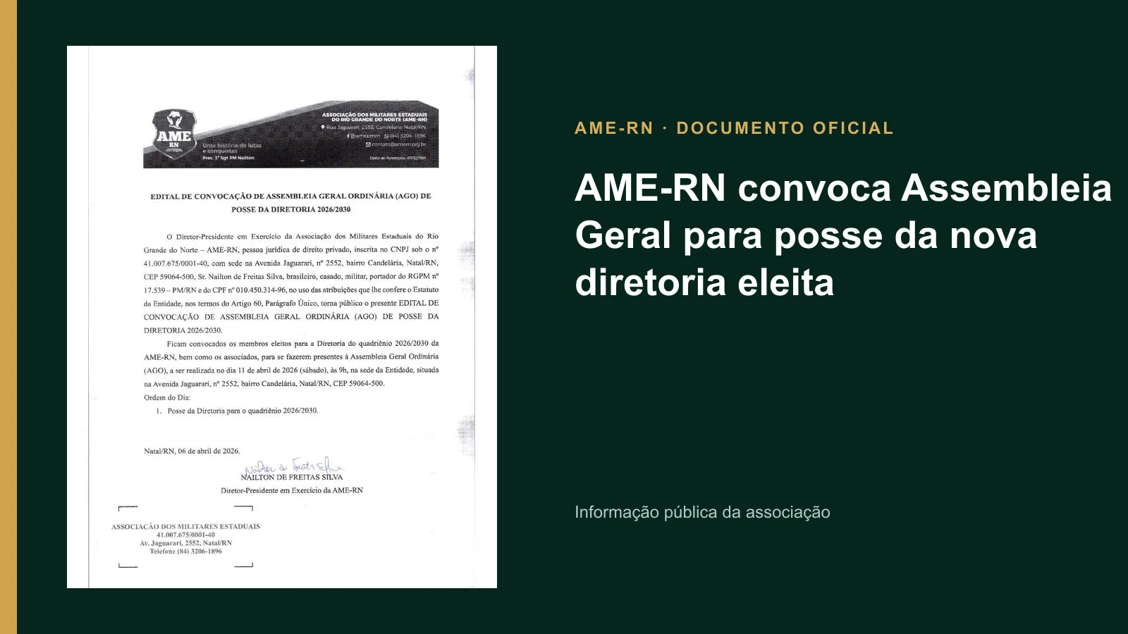 Capa da notícia “AME-RN convoca Assembleia Geral para posse da nova diretoria eleita”