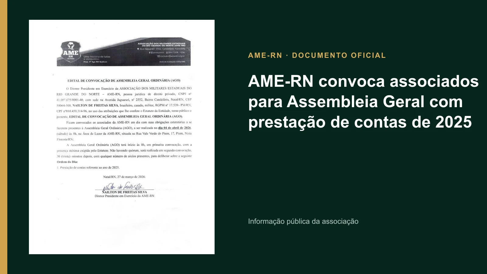 AME-RN convoca associados para Assembleia Geral com prestação de contas de 2025