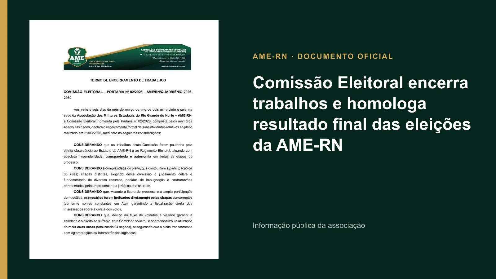 Comissão Eleitoral encerra trabalhos e homologa resultado final das eleições da AME-RN